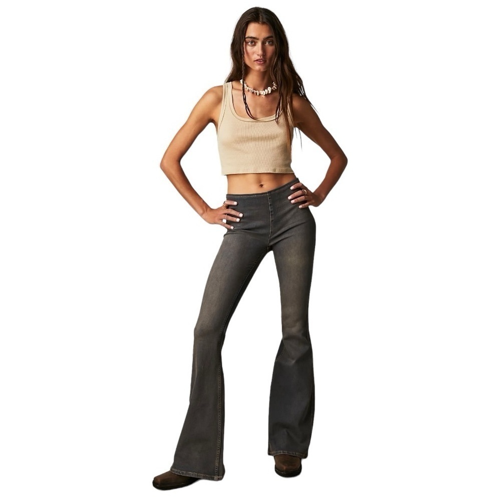 Free People Gray Penny Pull On Stretch Denim Flare Retro Jeans Women’s 27 - Picture 2 of 15